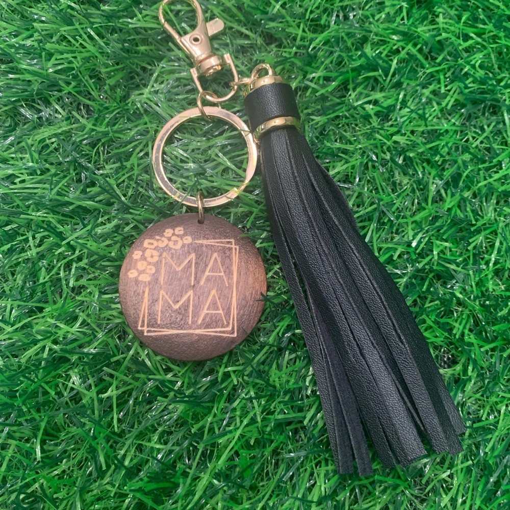 MAMA Wood Medallion Black Leather Fringe Gold Tone Lobster Clip Keychain Gift